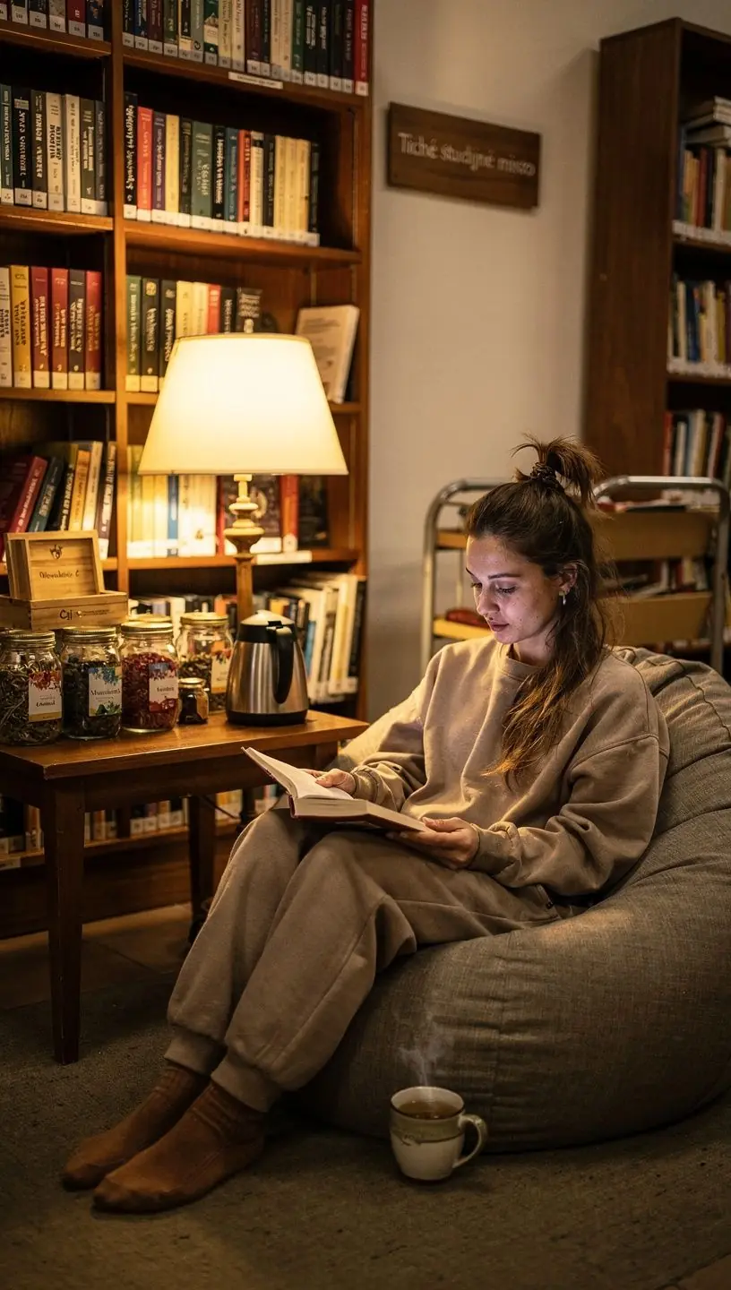 Relaxujúca osoba so šálkou čaju v ruke a knihou na kolenách