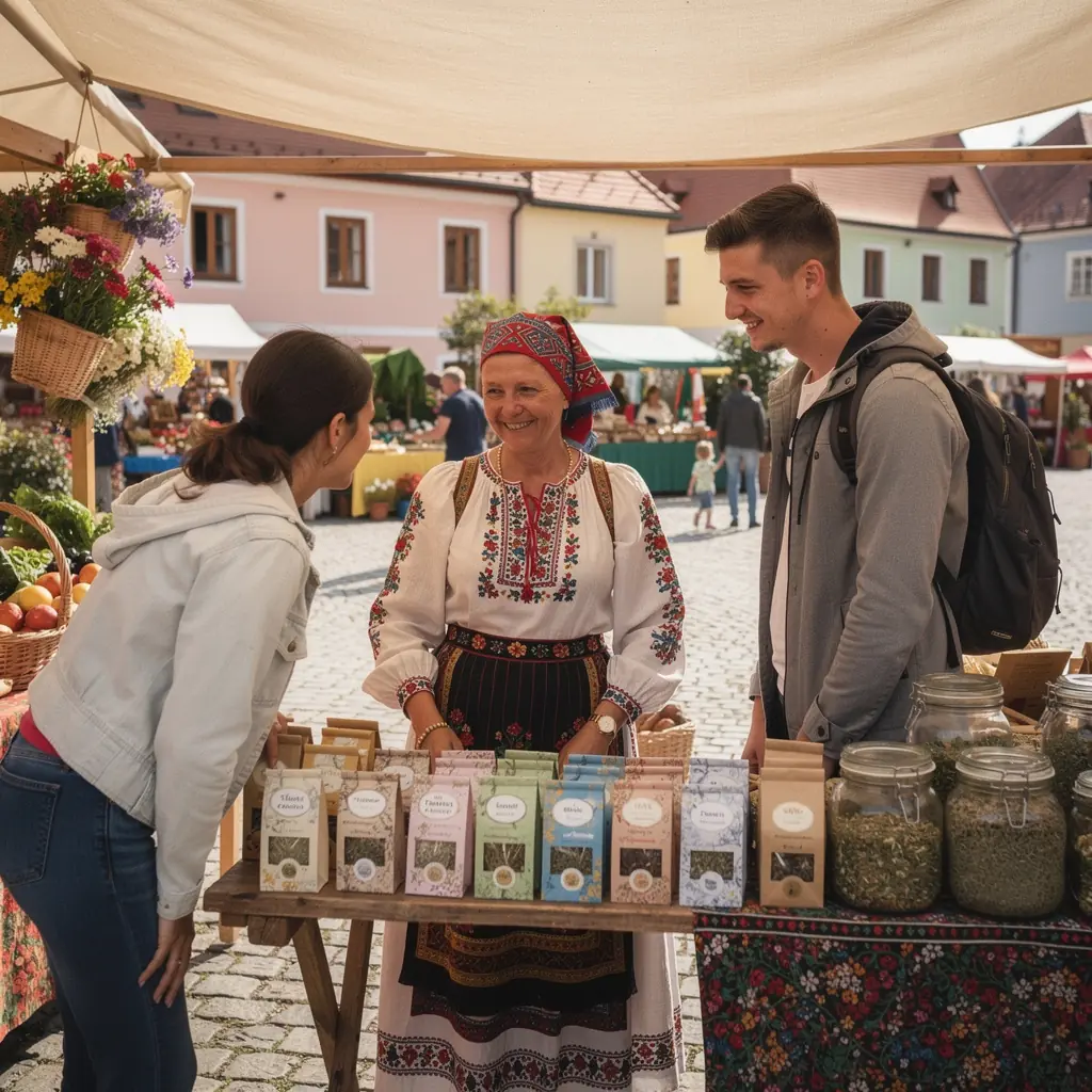 Teplý čaj v šálke s usmievajúcou sa ženou na terase