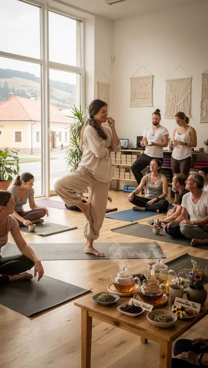 Zelený čaj s bylinkami a citrónom v šálke na drevenom stole